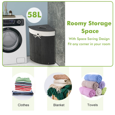 Corner Bamboo Hamper Laundry Basket-Black