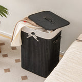 72L Bamboo Laundry Basket with Lid and Washable Liner Bag-Black