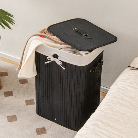 72L Bamboo Laundry Basket with Lid and Washable Liner Bag-Black