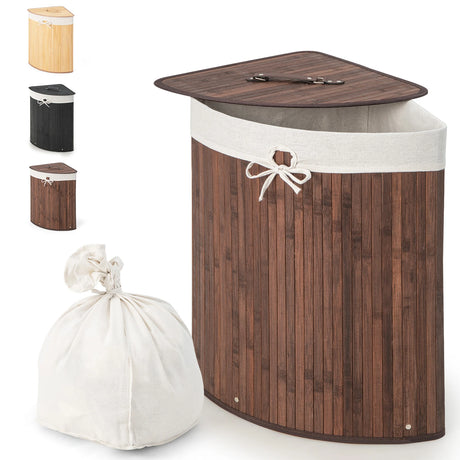 Corner Bamboo Hamper Laundry Basket-Brown