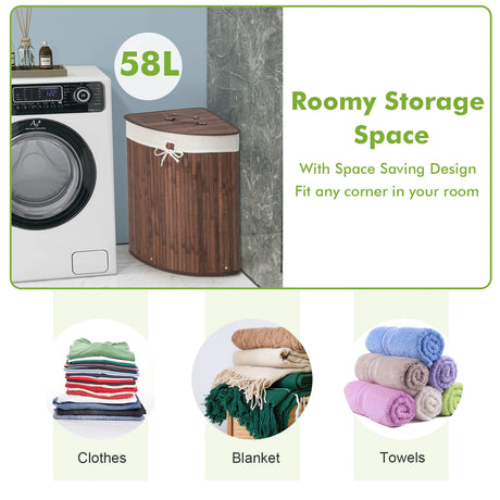 Corner Bamboo Hamper Laundry Basket-Brown