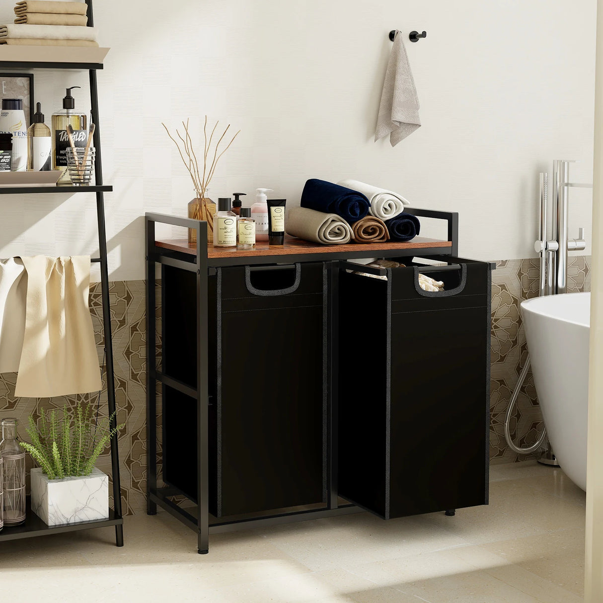 Laundry Hamper with Shelf Laundry Organizer with 2 Removable Bags-Black & Brown