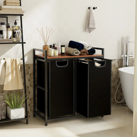 Laundry Hamper with Shelf Laundry Organizer with 2 Removable Bags-Black & Brown
