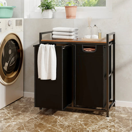 Laundry Hamper with Shelf Laundry Organizer with 2 Removable Bags-Black & Brown