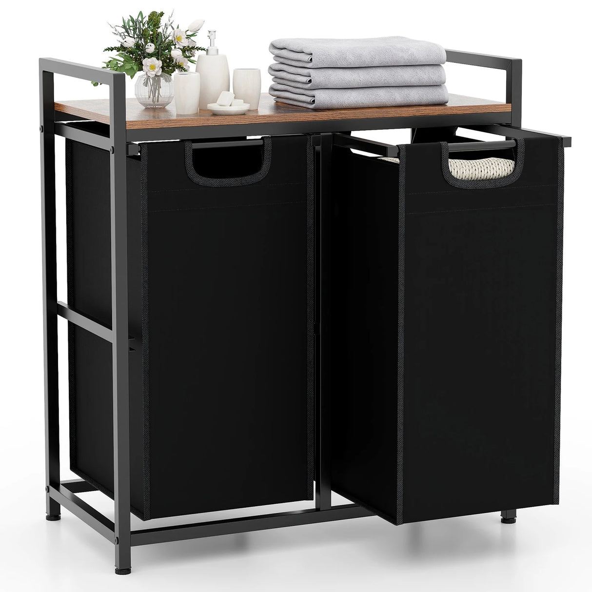 Laundry Hamper with Shelf Laundry Organizer with 2 Removable Bags-Black & Brown