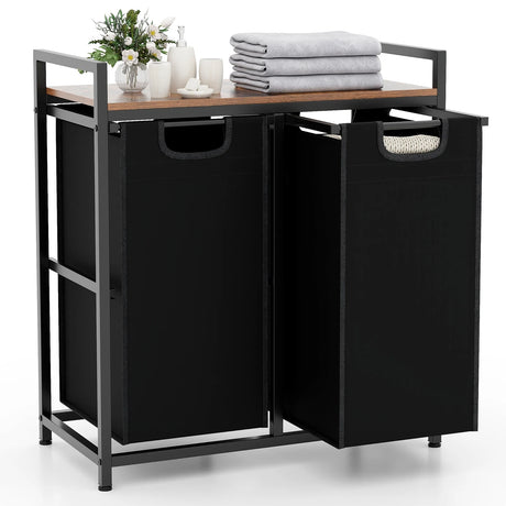 Laundry Hamper with Shelf Laundry Organizer with 2 Removable Bags-Black & Brown