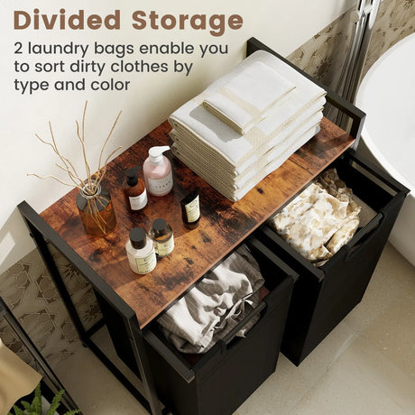 Laundry Hamper with Shelf Laundry Organizer with 2 Removable Bags-Black & Brown