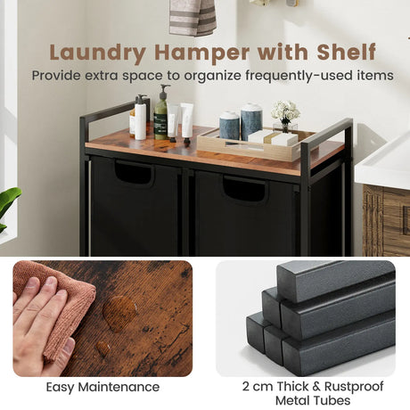 Laundry Hamper with Shelf Laundry Organizer with 2 Removable Bags-Black & Brown