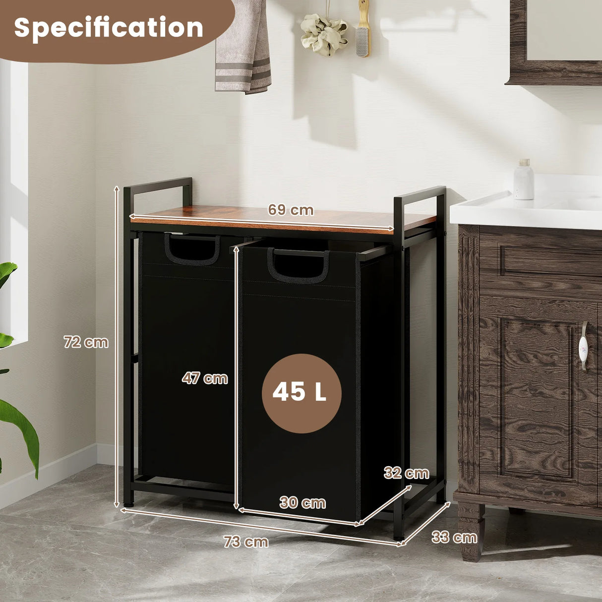 Laundry Hamper with Shelf Laundry Organizer with 2 Removable Bags-Black & Brown