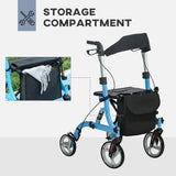 HOMCOM 4 Wheel Rollator with Seat and Back, Lightweight Folding Mobility Walker with Large Wheels, Carry Bag, Adjustable Height, Aluminium Walking Frame with Dual Brakes for Seniors, Blue