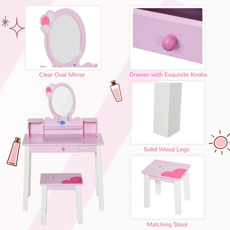 HOMCOM Kids Wooden Dressing Table and Stool Make Up Desk (Pink)