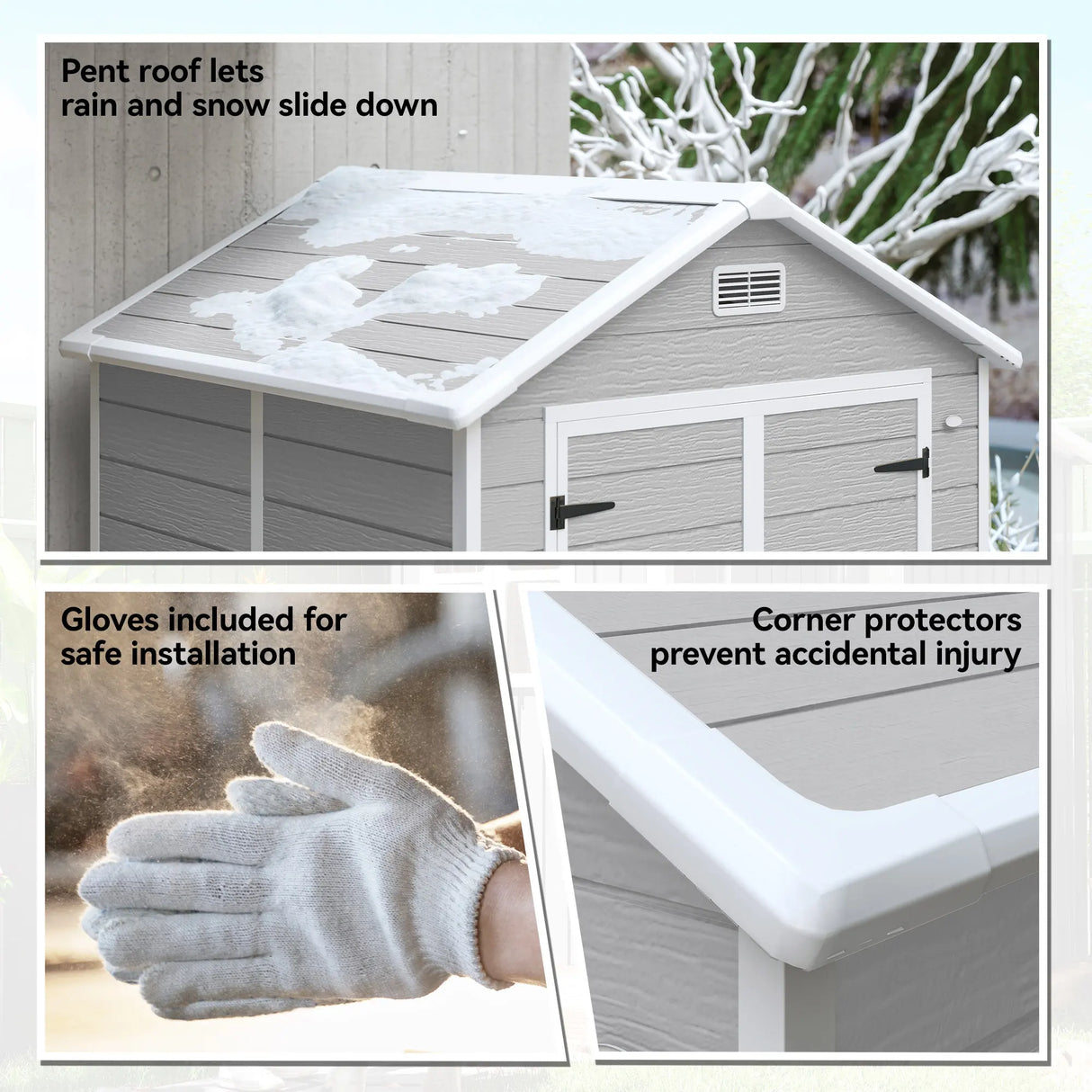 Outsunny 6 x 5ft Garden Shed, Plastic Shed with Floor, Window, Lockable Doors and Vents, Wood Effect Resin Tool Shed for Outdoor Patio, Light Grey