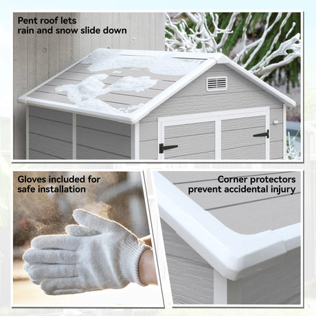 Outsunny 6 x 5ft Garden Shed, Plastic Shed with Floor, Window, Lockable Doors and Vents, Wood Effect Resin Tool Shed for Outdoor Patio, Light Grey