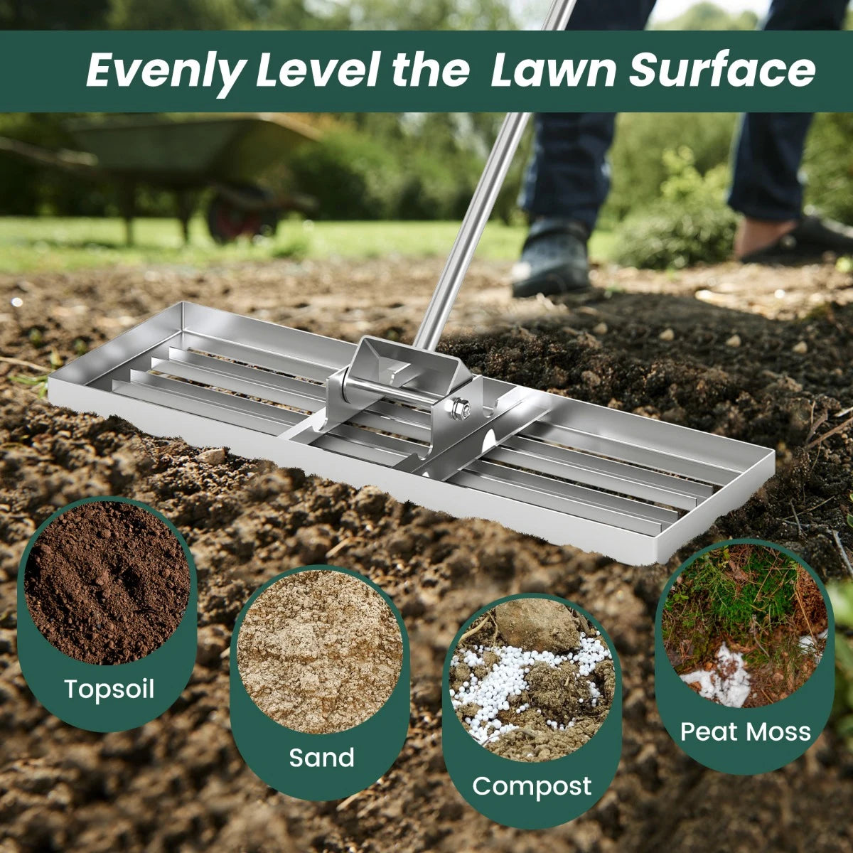 42 x 10 Inch Lawn Leveling Rake with Ergonomic Handle-Silver