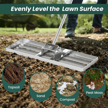 42 x 10 Inch Lawn Leveling Rake with Ergonomic Handle-Silver