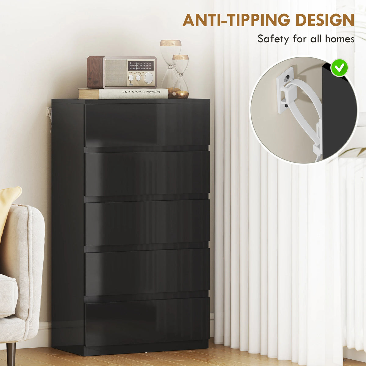 HOMCOM Chest of Drawers, 5-Drawer Storage Cabinets, Modern Dresser, Storage Drawer Unit for Bedroom