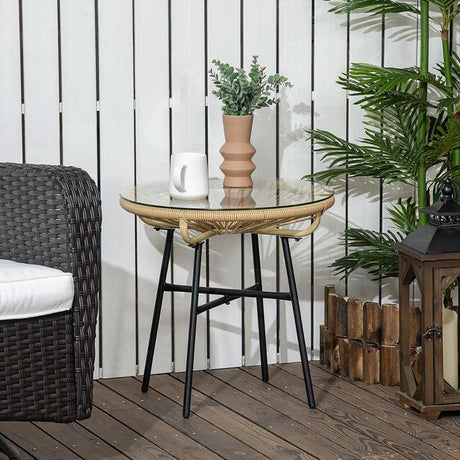 Outsunny Rattan Side Table, Round Outdoor Coffee Table, with Round PE Rattan and Tempered Glass Table Top for Patio, Garden, Balcony, Beige