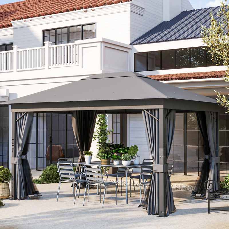 Outsunny 4 x 3(m) Patio Gazebo Canopy, with Vented Roof, Netting, Curtains, Aluminium Frame, Grey