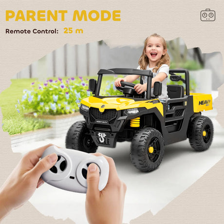 AIYAPLAY Kids Ride on Car, 12V Electric Kids UTV with Electric Dump Bed, 4-Wheel Suspension for 3-8 Years, Yellow