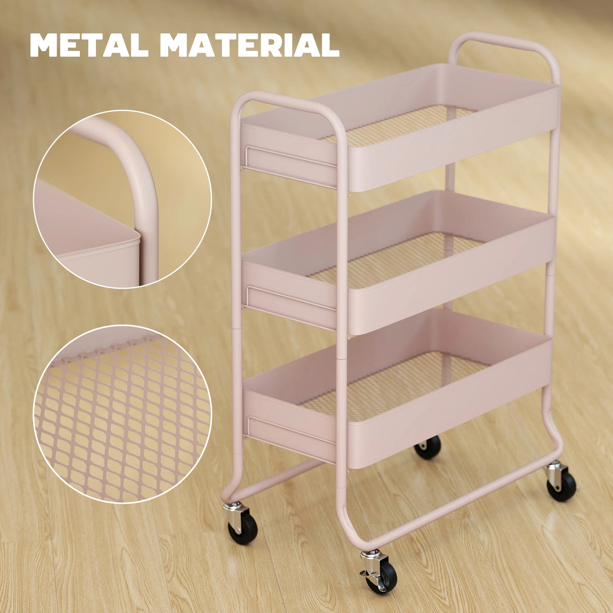 HOMCOM 3-Tier Storage Trolley on Wheels, Rolling Utility Cart with Mesh Backets for Kitchen, Bathroom, Bedroom, Light Pink