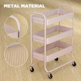HOMCOM 3-Tier Storage Trolley on Wheels, Rolling Utility Cart with Mesh Backets for Kitchen, Bathroom, Bedroom, Light Pink