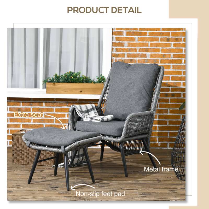 Outsunny String Rattan Armchair and Footstool Set, with Cushions - Grey