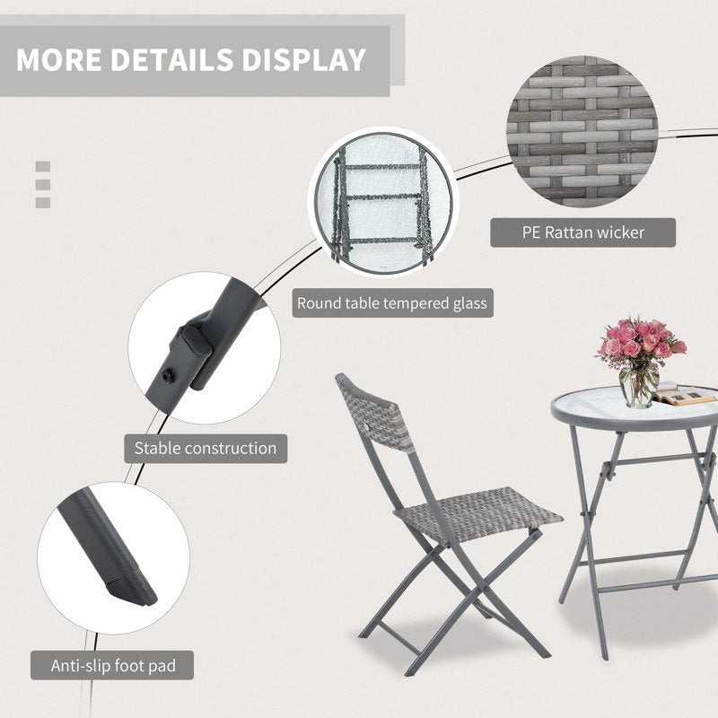 Outsunny 3 Pieces Rattan Bistro Set, Wicker Folding Garden Furniture Set with Glass Top Coffee Table and Chairs for Outdoor, Patio, Balcony, Grey