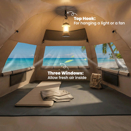 Outsunny 2-3 Person Pop Up Beach Tent, UPF15+ Sun Shelter with Extended Floor, Sandbags, Mesh Windows and Carry Bag, Brown