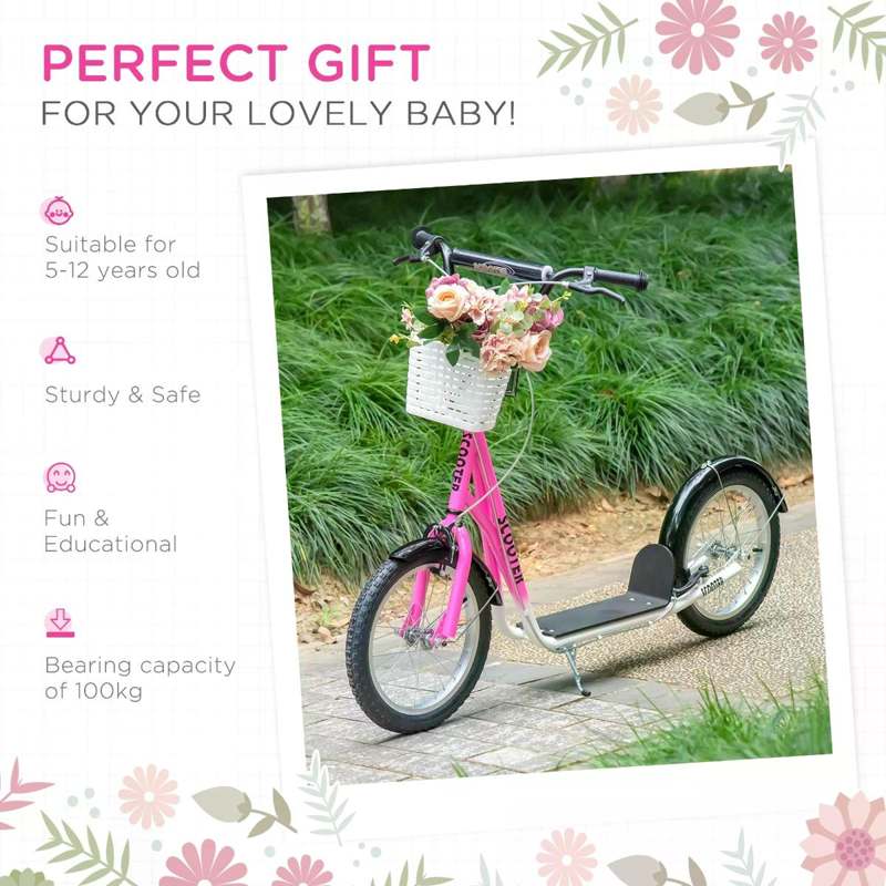 HOMCOM Kids Scooter, Kick Stunt Scooter with Adjustable Handlebar, Dual Brakes, Basket, Cupholder, Mudguard, 16" Inflatable Rubber Wheels, for 5-12 years, Pink