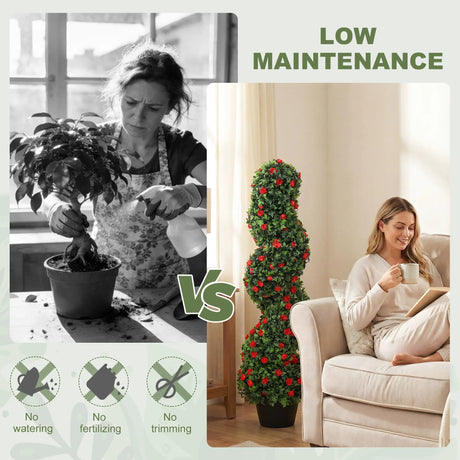 HOMCOM Artificial Rose Spiral Topiary Tree Set of 2, Indoor Outdoor Fake Plants with 630 Leaves, 90cm