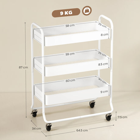 HOMCOM 3-Tier Storage Trolley on Wheels, Rolling Utility Cart with Mesh Backets for Kitchen, Bathroom, Bedroom, White