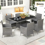 Outsunny 7-Piece Rattan Garden Furniture Set with Cushions, 6 Seater Garden Table and Chairs, Rattan Dining Set with 6 Armchairs, Rectangular Glass Top Table, Charcoal Grey