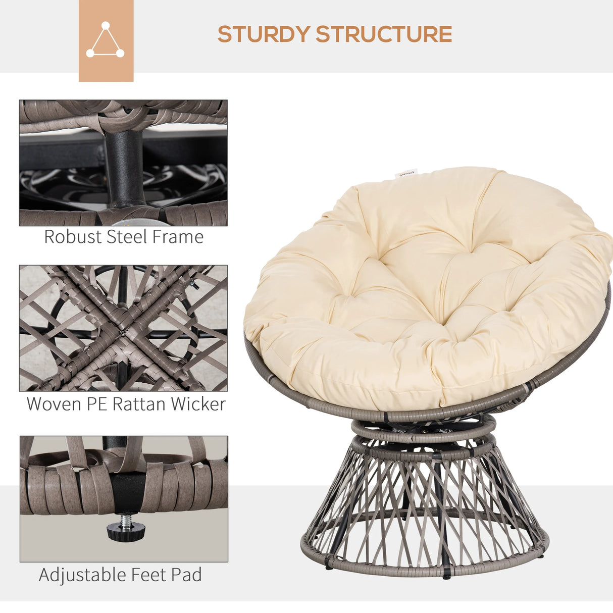Outsunny 360 Swivel Rattan Moon Bowl Chair Round Lounge Garden Wicker Basket Seat with Padded Cushion Oversized for Outdoor Indoor, Beige
