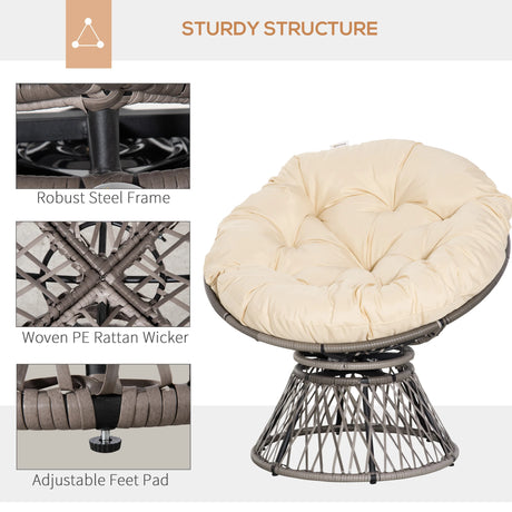Outsunny 360 Swivel Rattan Moon Bowl Chair Round Lounge Garden Wicker Basket Seat with Padded Cushion Oversized for Outdoor Indoor, Beige