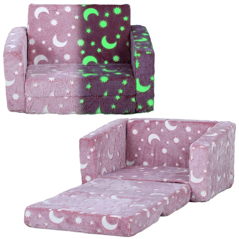 AIYAPLAY 2 in 1 Kids Folding Bed Armchair with Glow in The Dark Cosmic Design, Washable Cushion and Cover, Pink