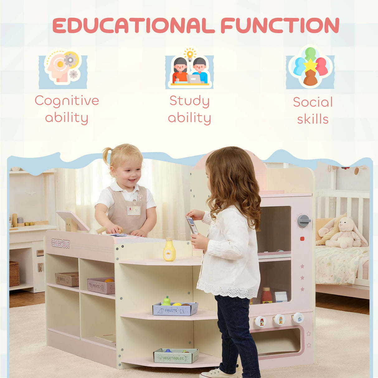 AIYAPLAY Kids Grocery Store, Children Supermarket Playset with Cash Register, Vending Machine, Display Shelves