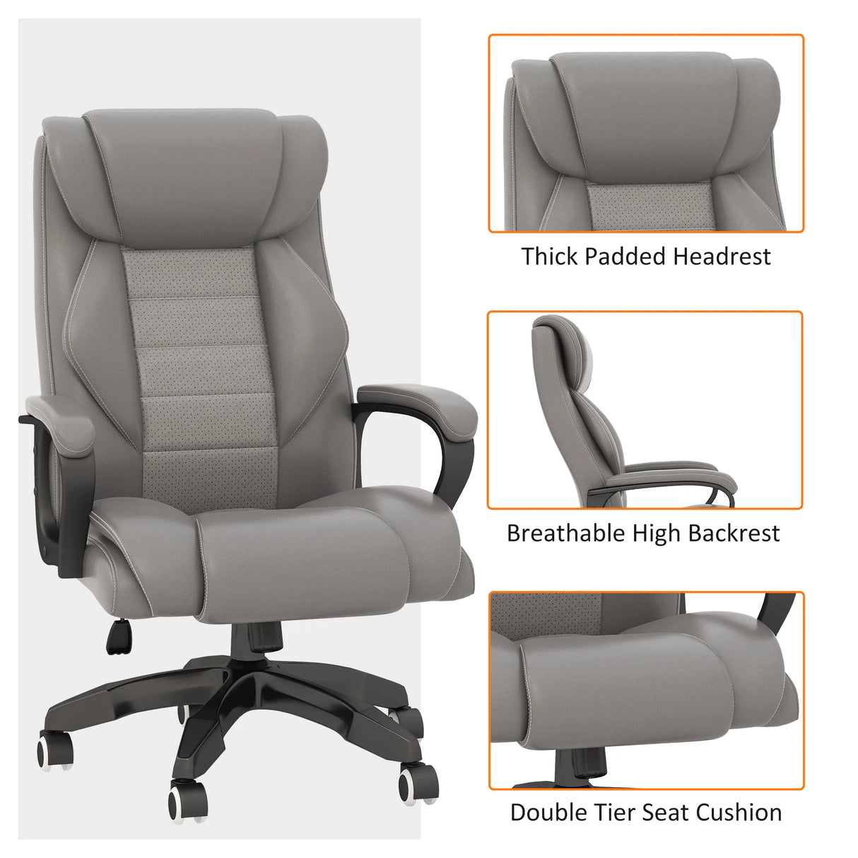 Vinsetto Office Chair with 6-Point Maaage and Back Heat, PU Desk Chair with Padded Seat and Armrest, Computer Chair with Tilt Function for Home, Grey