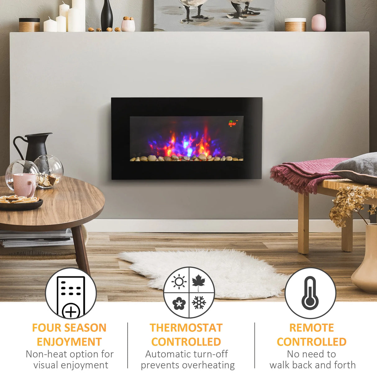 HOMCOM 1000W/2000W Electric Wall Fireplace w/ LED Flame Effect Timer Remote Sleek Stylish Safe Home Heating 20-25
