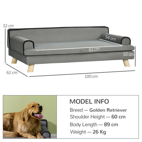 PawHut Dog Sofa, with Wooden Legs, Water-Resistant Fabric, for Medium & Large Dogs - Grey