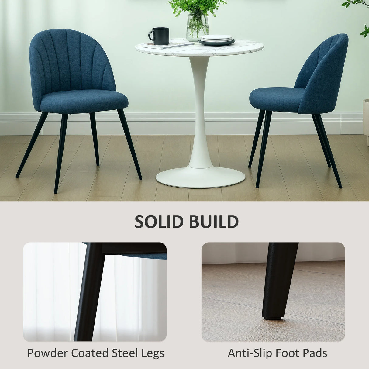 HOMCOM Dining Chairs Set of 2, Modern Upholstered Kitchen Chairs with Metal Legs, Shell Backrest and Padded Seat for Dining Room, Bedroom, Living Room, Vanity, Blue