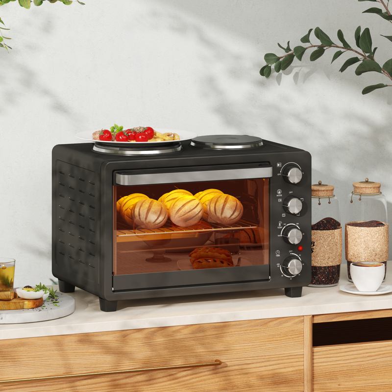 HOMCOM 28L Mini Oven with 2 Hot Plates, Countertop Toaster Oven, Grill, Roast, Bake, Boil, with Timer, Adjustable Temperature, Electric Oven with Baking Tray, Grill Rack, Crumb Tray, 2600W, Black