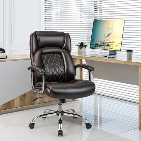Leather Office Chair with Rocking Mode and Armrests-Brown