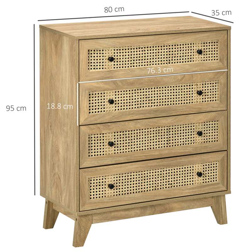 HOMCOM Storage Cabinet, 4-Drawer Unit with Rattan Element for Bedroom, Living Room, 80cmx35cmx95cm, Wood Effect