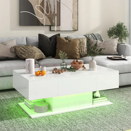 Modern LED Coffee Table with 20 Color LED Lights and 2 Storage Drawers-White