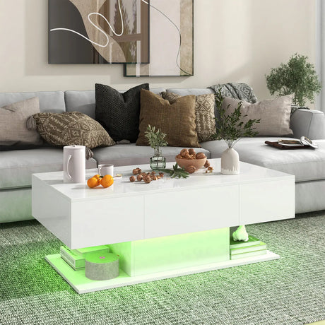 Modern LED Coffee Table with 20 Color LED Lights and 2 Storage Drawers-White