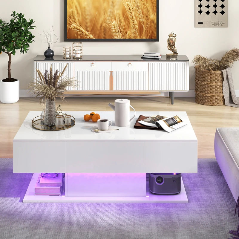 Modern LED Coffee Table with 20 Color LED Lights and 2 Storage Drawers-White
