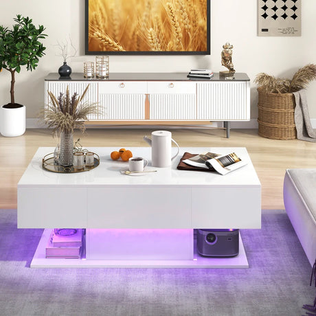Modern LED Coffee Table with 20 Color LED Lights and 2 Storage Drawers-White