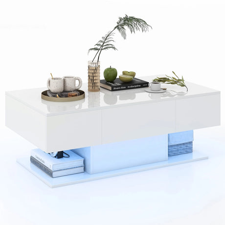Modern LED Coffee Table with 20 Color LED Lights and 2 Storage Drawers-White