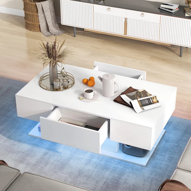 Modern LED Coffee Table with 20 Color LED Lights and 2 Storage Drawers-White