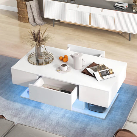 Modern LED Coffee Table with 20 Color LED Lights and 2 Storage Drawers-White